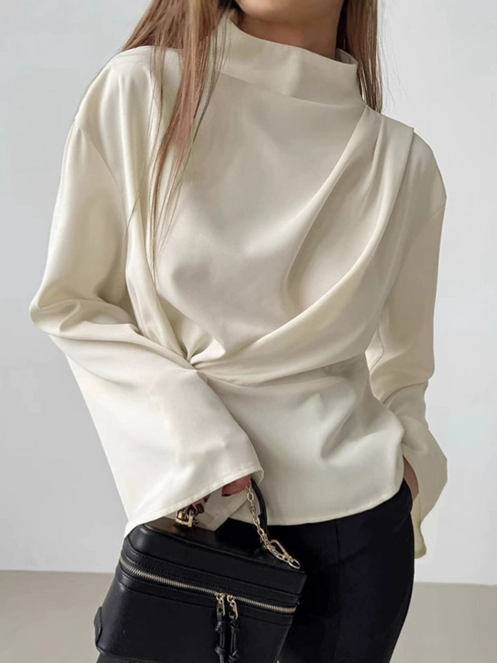 Forever 21 Chiffon Bell Sleeve Blouse Apricot Waist Tie Stand Collar